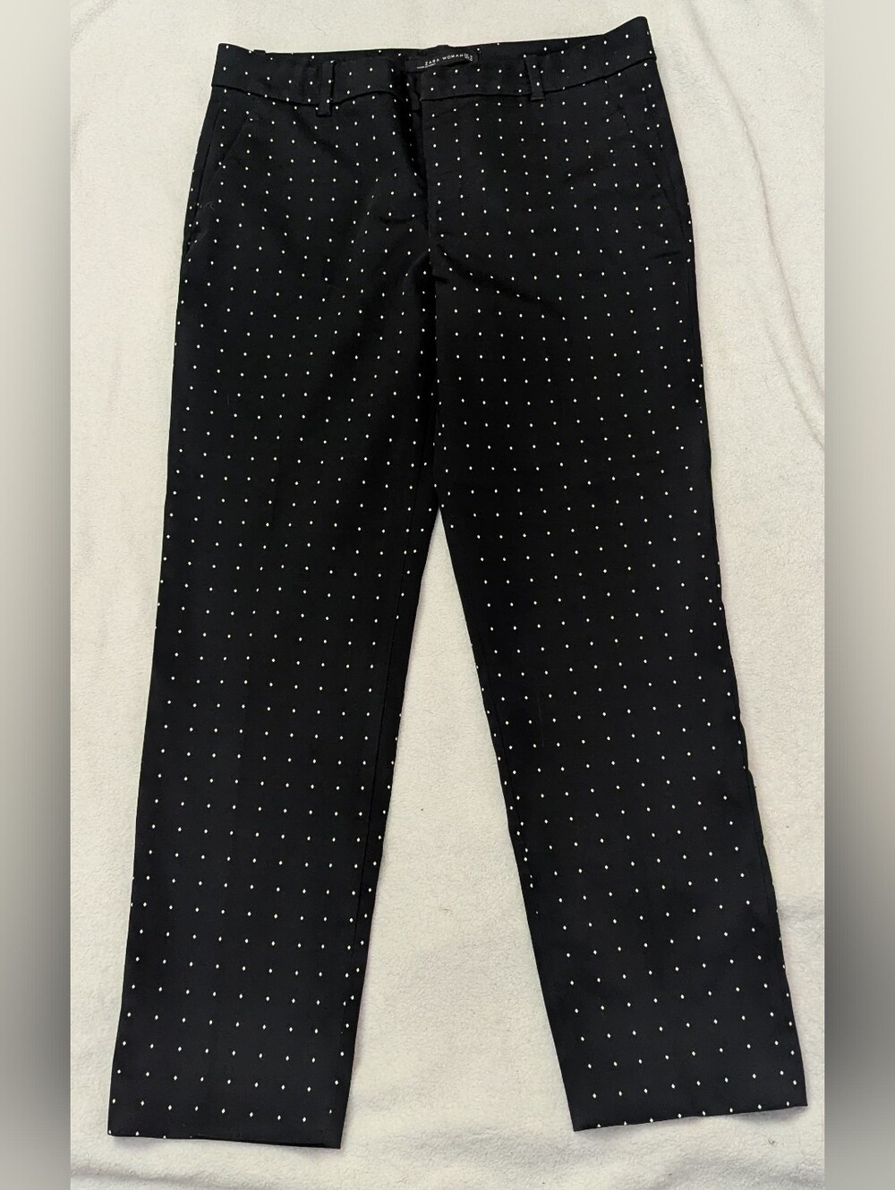 Zara Pants Women’s Med (32x25) Black White Polka Dot Straight Leg Mid-Rise Ankle